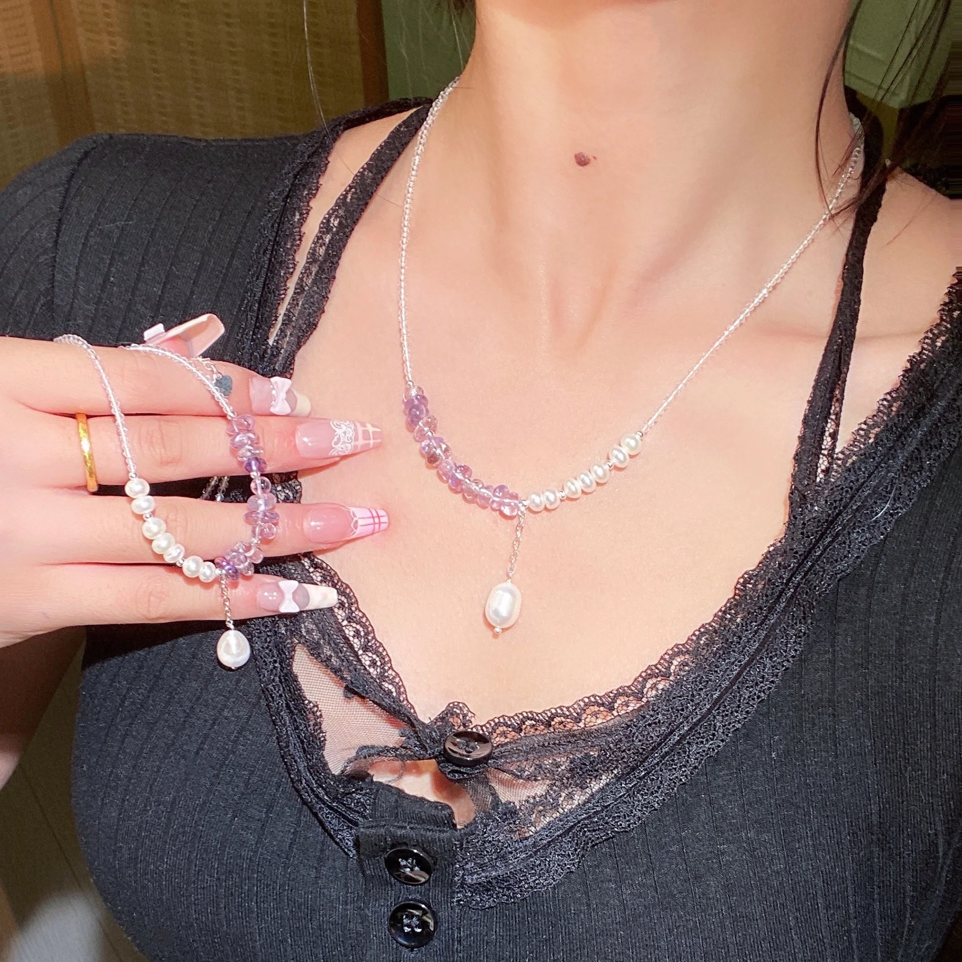 

Ожерелье с подвеской из розового хрусталя и жемчуга, женская цепочка на ключицы в форме сердца невесты, сексуальное ретро ожерелье Y2K, ювелирные аксессуары