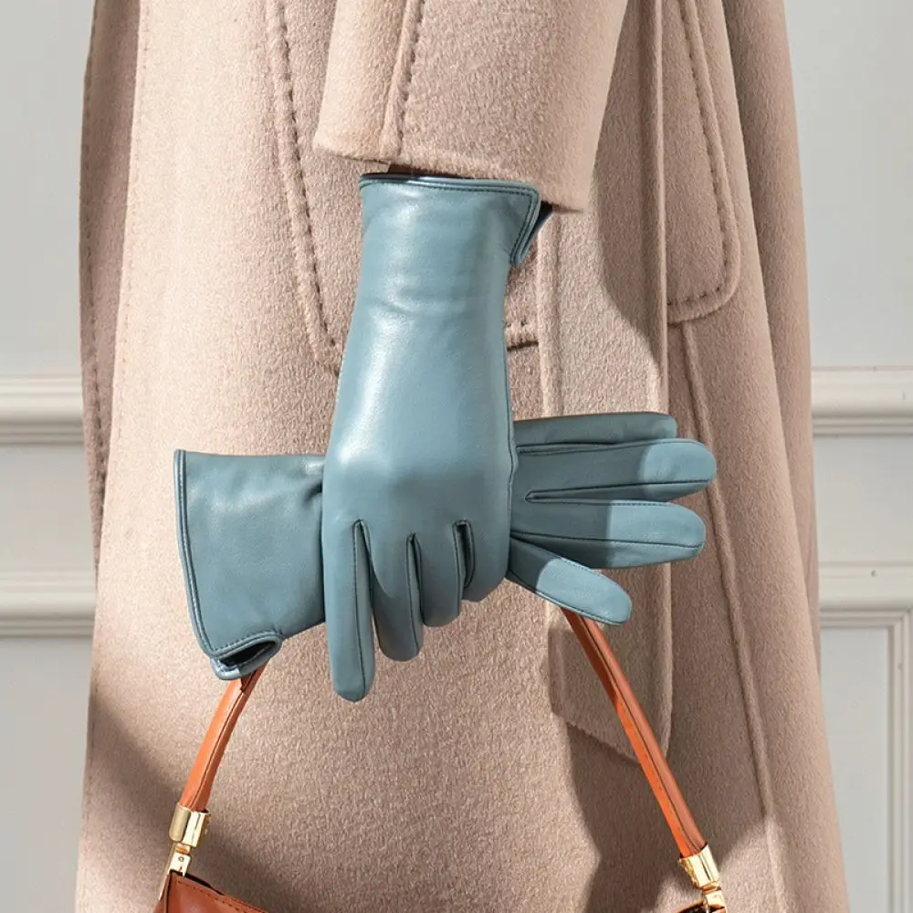 Sheepskin Leather Gloves Women Winter Thermal Thickened Touch Screen Windproof Soft Elegant Fashionable Driving Daily Mittens
