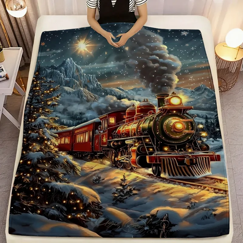 1pc Fluffy Throw Blanket, 2D Flat Christmas Steam Train Snowy Mountain Night Scene Print, Warm Blanket for Sofa Bedroom