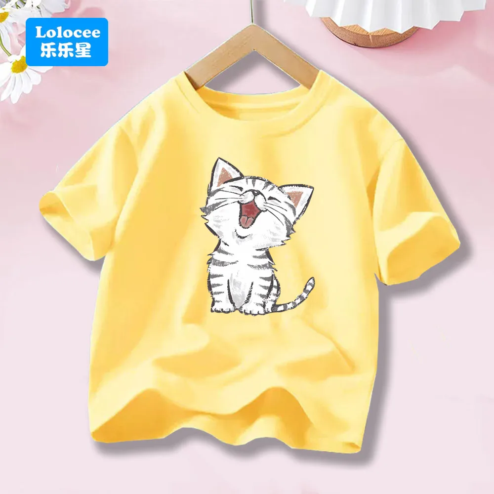 الكرتون لطيف الحيوانات الأليفة المطبوعة موضة نمط تي شيرت عادية قصيرة الأكمام تي شيرت لطيف القط الصيف نمط بلايز المحملة MBM1