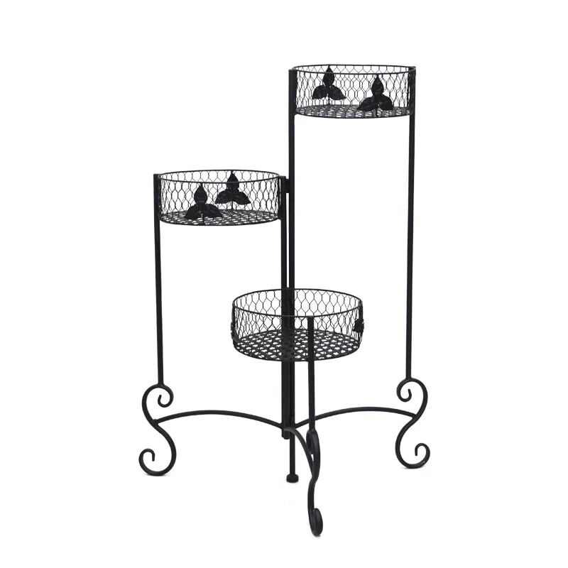 

MR 3-Potted Tiered Metal Flower Display Rack Foldable Planter Holder Black Rotary Plant Stand Pot Shelves for Home