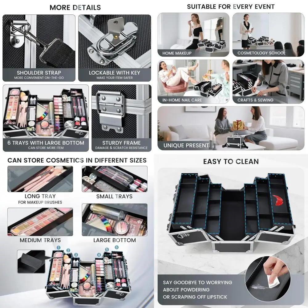 

Большой черный кейс для макияжа 12,6 с 6 лотками, запирающим ремешком и жестким туалетным столиком для путешествий и профессионального использования.