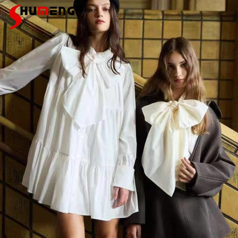 Jesień 2025 Nowa Moda Dziewczęca Słodka Długa Koszula Japońska Słodka Sukienka z Dużą Kokardą Krótka Sukienka Francuska Elegancka Damska Bluzka z Długim Rękawem