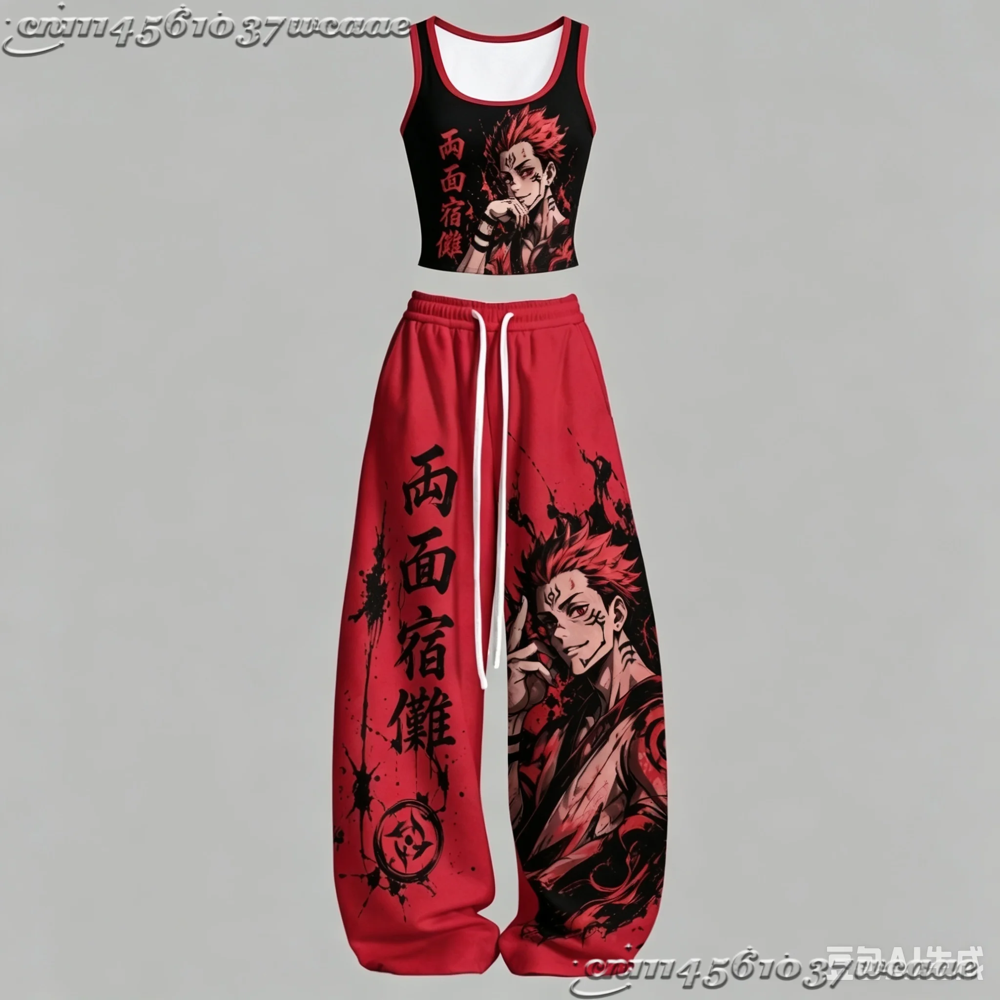 2026 New Universal Tank Top Wide Leg Pants Set Jujutsu Kaisen Yuji Itadori Red Black Anime Print Two Piece Outfit  Family Kids