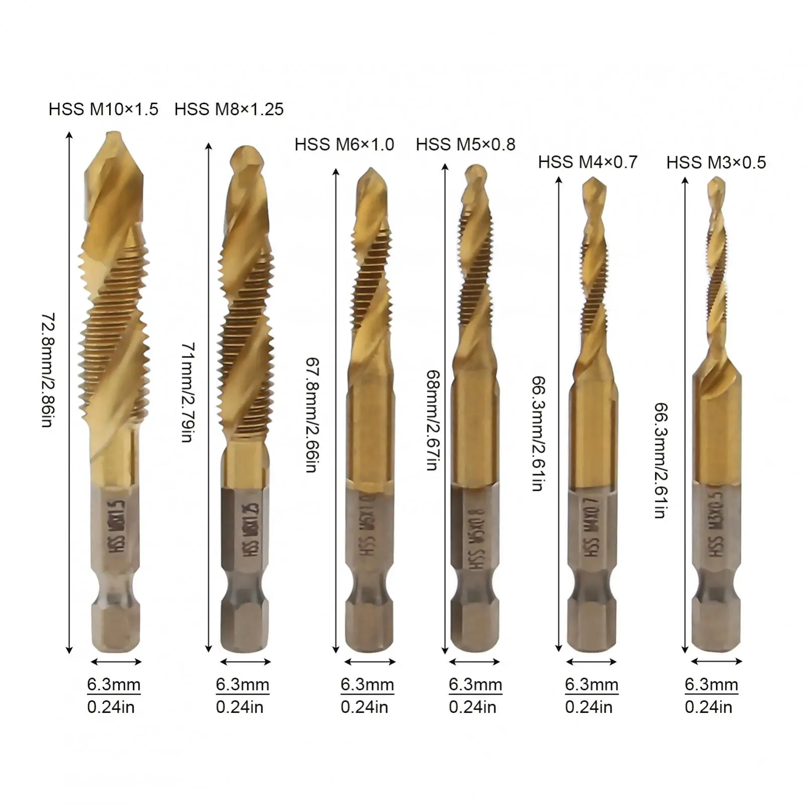 6 buah/Set Set mata bor Hex Shank dilapisi Titanium Countersink Tap M3-M10 HSS benang sekrup metrik kombinasi bor Tap