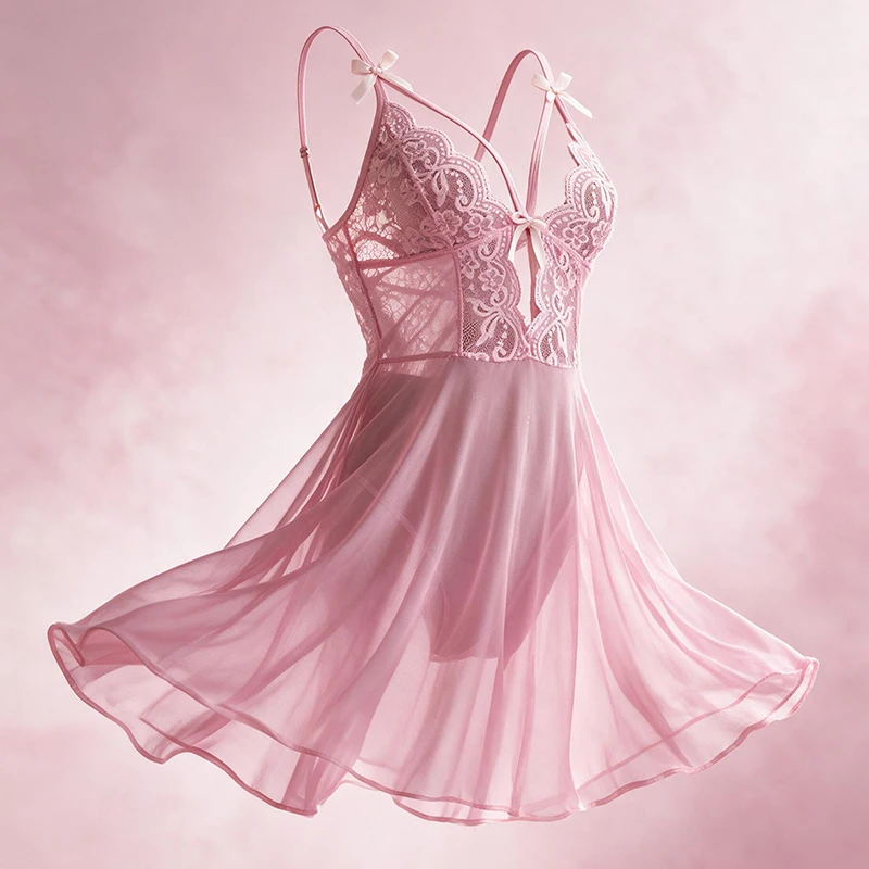 European American Lingerie Perspective Deep V-Neck Bow Low Cut Backless Mesh Mesh Perforated Suspender Nightgown Women Sleepwear