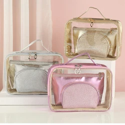 Bolsa de maquiagem transparente portátil para mulheres Travel Cosmetic Storage Bag Saco de higiene pessoal Caso organizador de pele feminina Conjunto de 3 peças