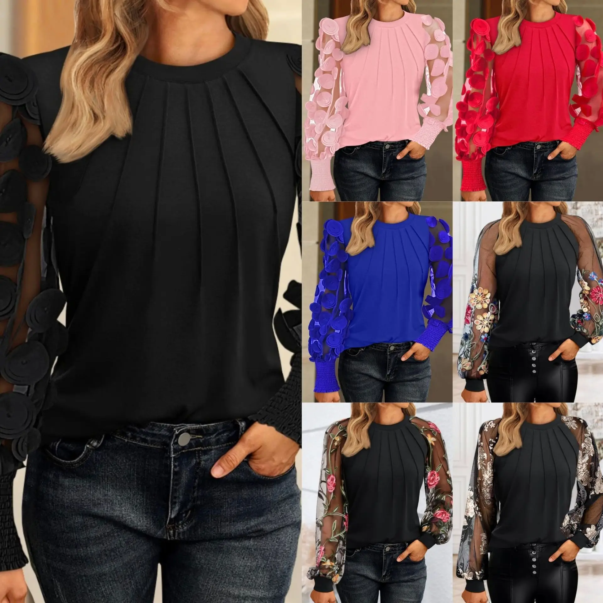 Bluse mit Rundhalsausschnitt und plissierter Vorderseite, 3D-Blumenmuster, langärmelig, mit gerafften Manschetten, elegant, für den Alltag, Partys, süß, lässig, Oberteil – Detail 2