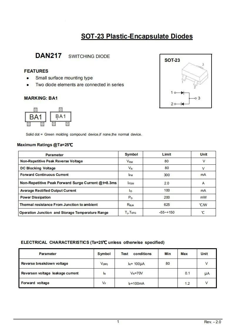 DAN217 BA1 تحويل الصمام الثنائي ، MMBD1501A ، A11 SOT-23 ، SMD Triode ، 50