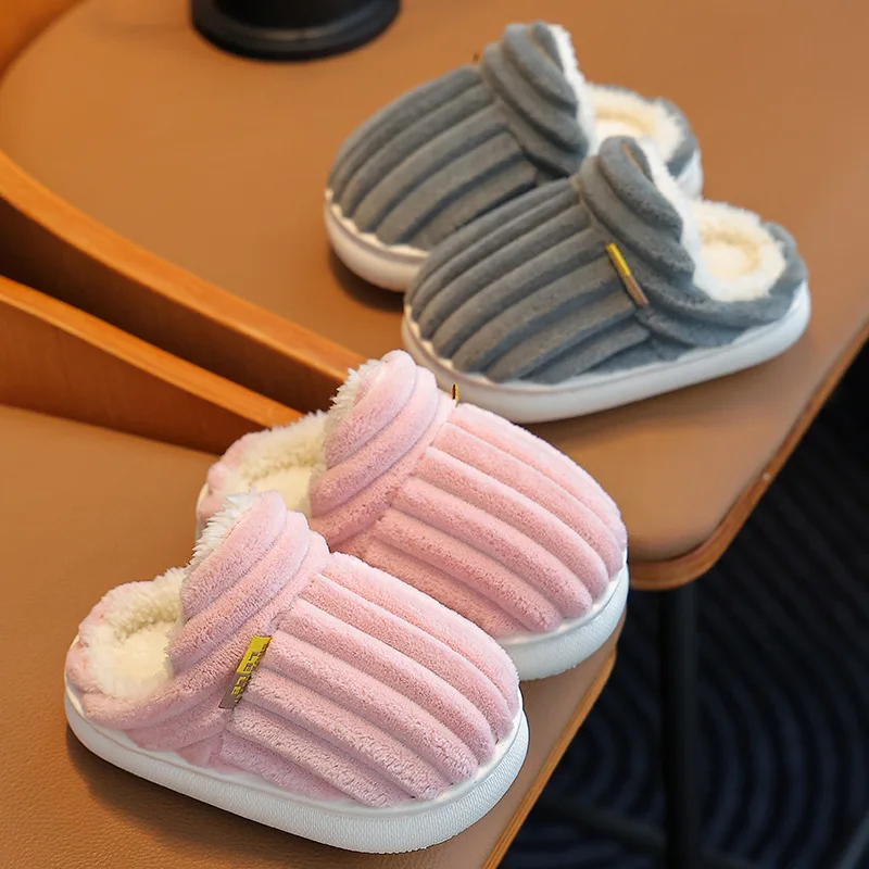 New Winter Concise Stripe Plush Slippers Children's Non-slip Soft Sole Kids Boys Girls Heel Wrap Warm High Home Cotton Shoes