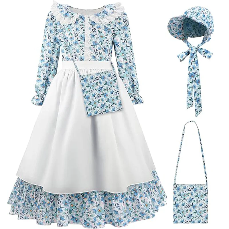 Girls Pioneer Costume Floral Colonial Prairie Dress for Little Kids with Apron and Bonnet