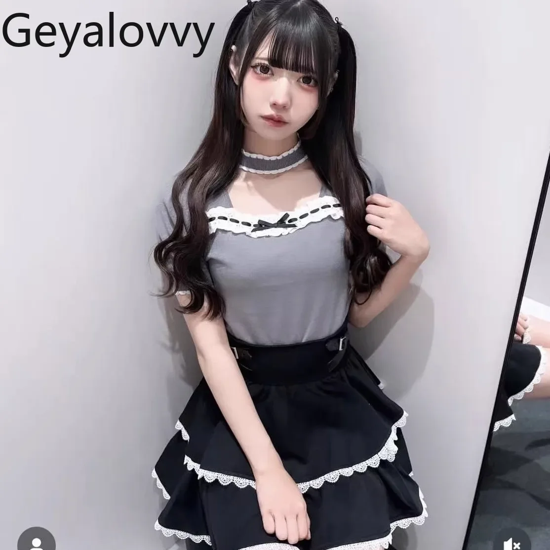 

Knitted T-Shirt Sweet Japanese Style Lady Casual Tees Embroidered Lace Ribbon Hollow Choker Collar Summer Women's Tops
