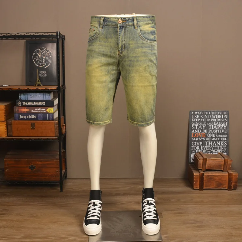 Летние тонкие ретро потертые желтые грязевые джинсовые шорты мужские высококачественные модные брендовые эластичные облегающие потертые повседневные шорты