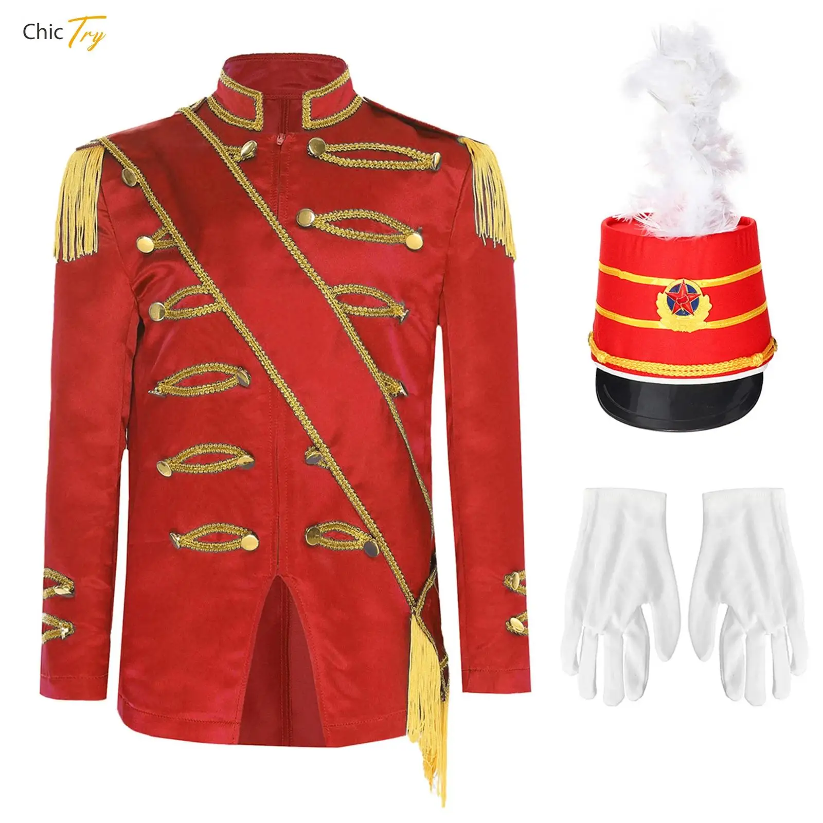 

Boys Drum Major Team Uniform Marching Band Nutcrackers Costumes Set Tassel Ringmaster Jacket Coat Hat Halloween Fancy Dress Up