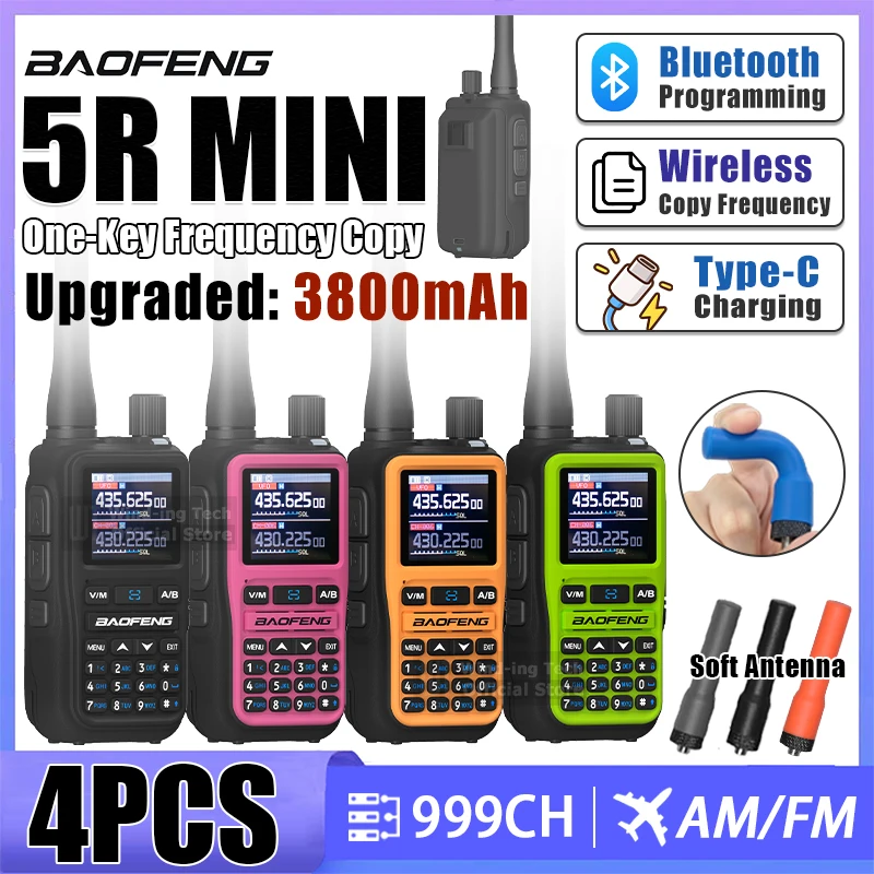 4PCS Baofeng UV-5R Mini Walkie Talkie Upgraded 3800mAh Capacity USB-C Charging Dual PTT VHF UHF Flashligh 999CH Ultralight Radio