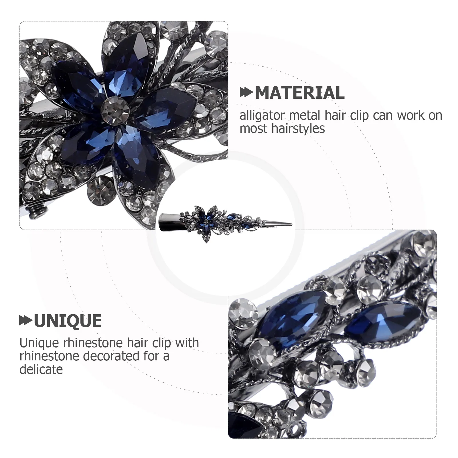 

Retro Rhinestone Alligator Hair Clips Navy Blue Large Size Decorative Duck Bill for Thick Hair Styling Party Accessories