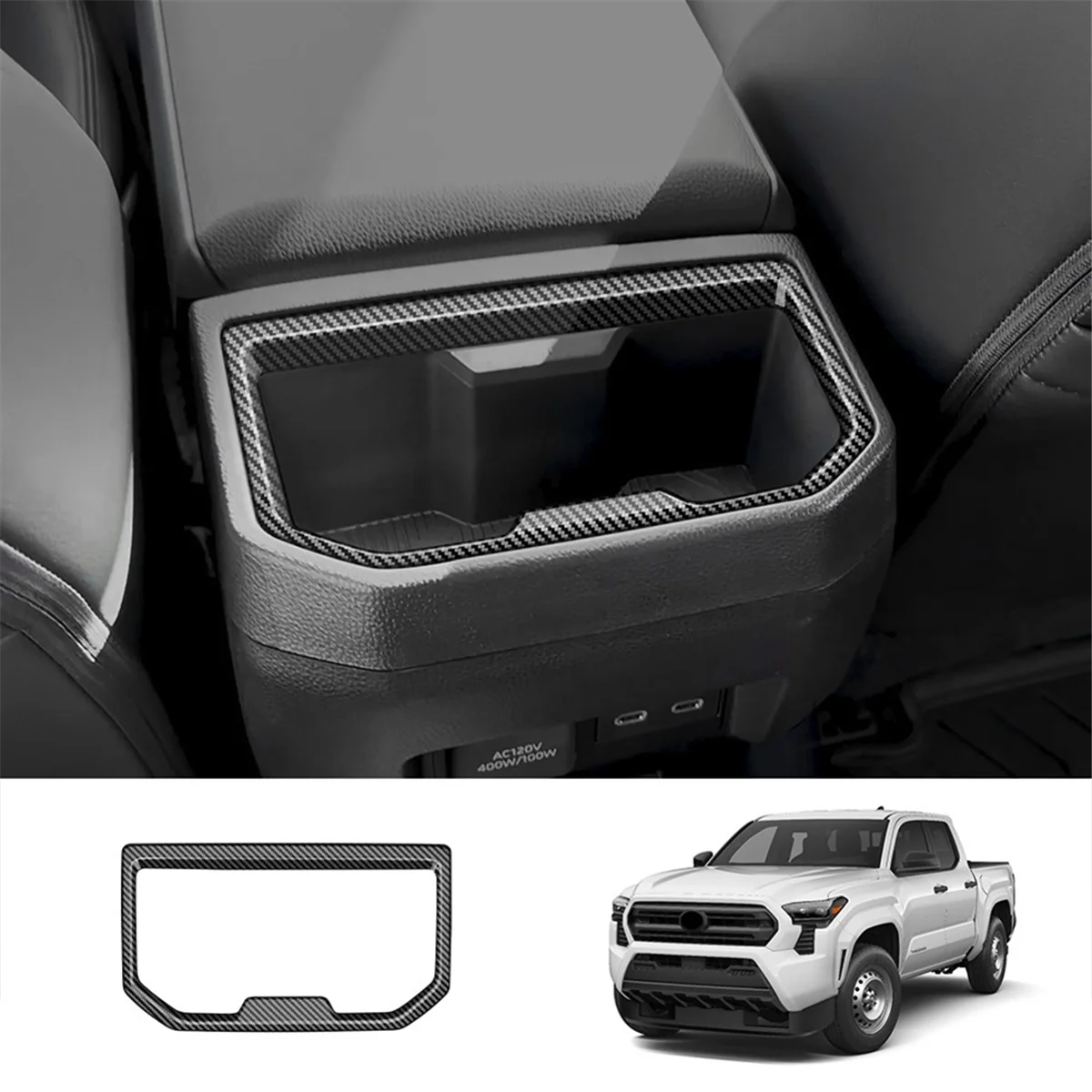 Car Armrest Box Rear Water Cup Holder Frame Cover Trim Stickers for Toyota Tacoma 2024 Car Accessories Carbon