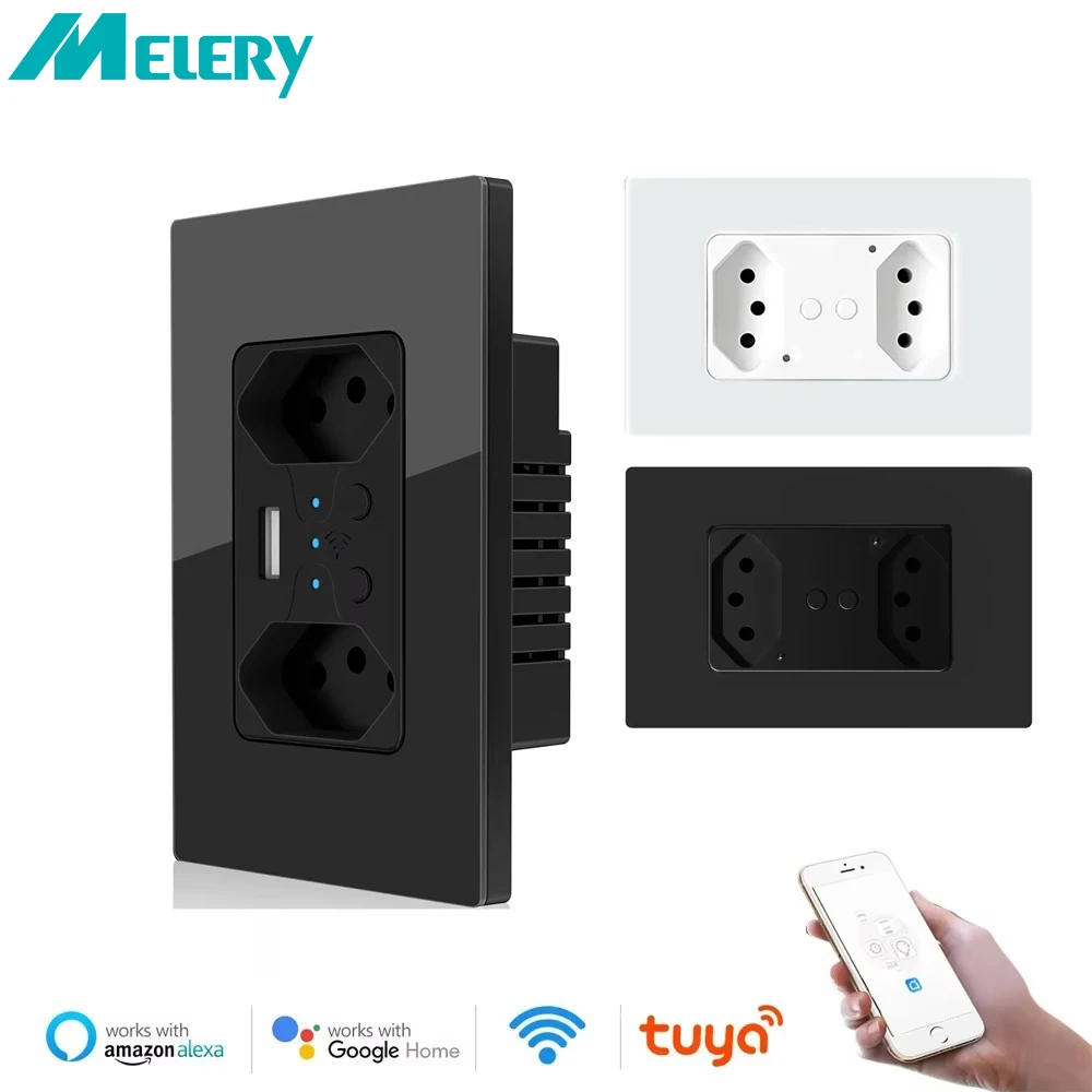 Melery Dual Brazil WiFi Smart Life Wall Socket Tuya Electrical Plug Outlet PC/Glass Panel Alexa Google Home Remote BR  Appliance