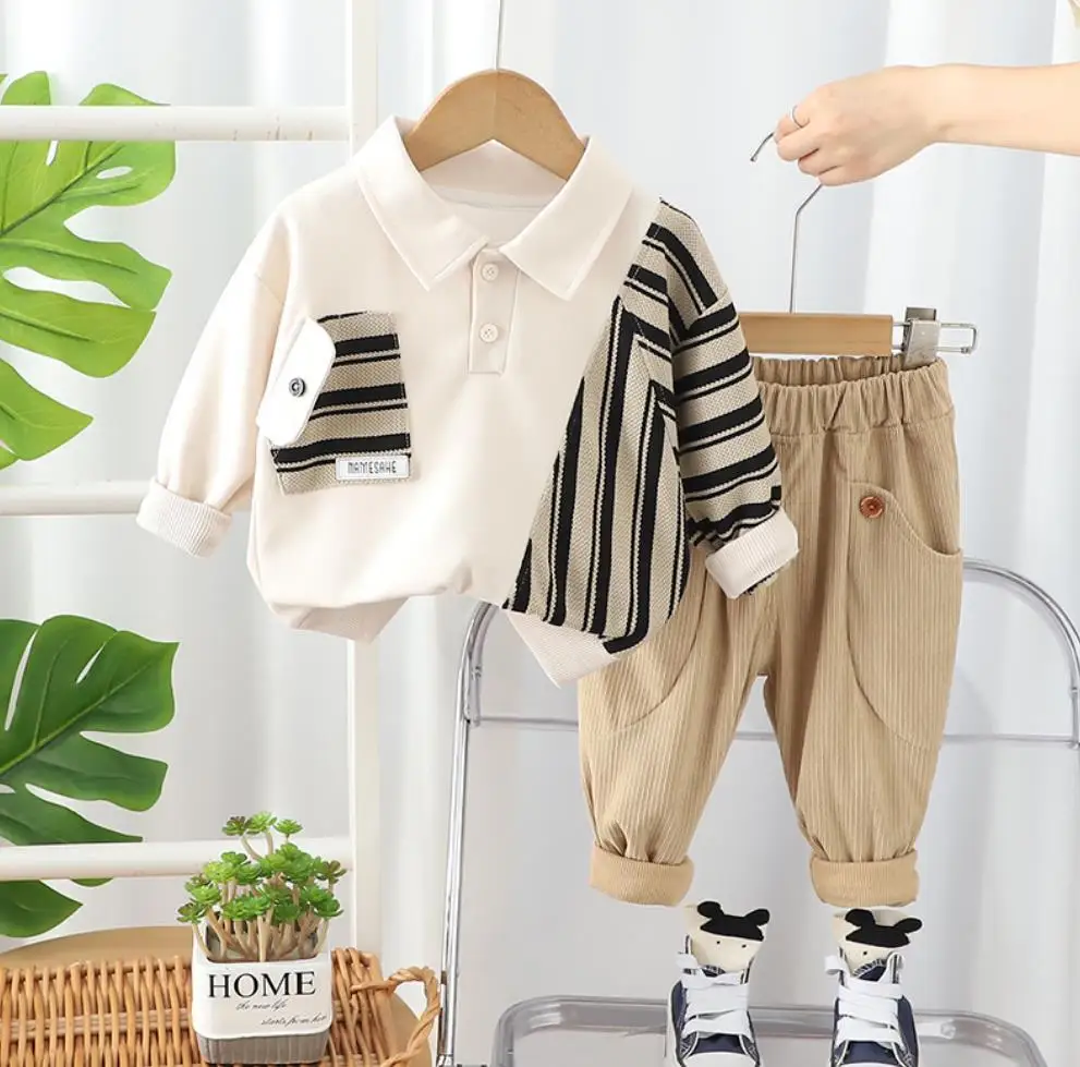 Toddler Kids Boys Clothes Spring Autumn Baby Sets Patchwork Vertical Stripes Turn-down Collar T-shirts+Pants 2Pcs Children Suits