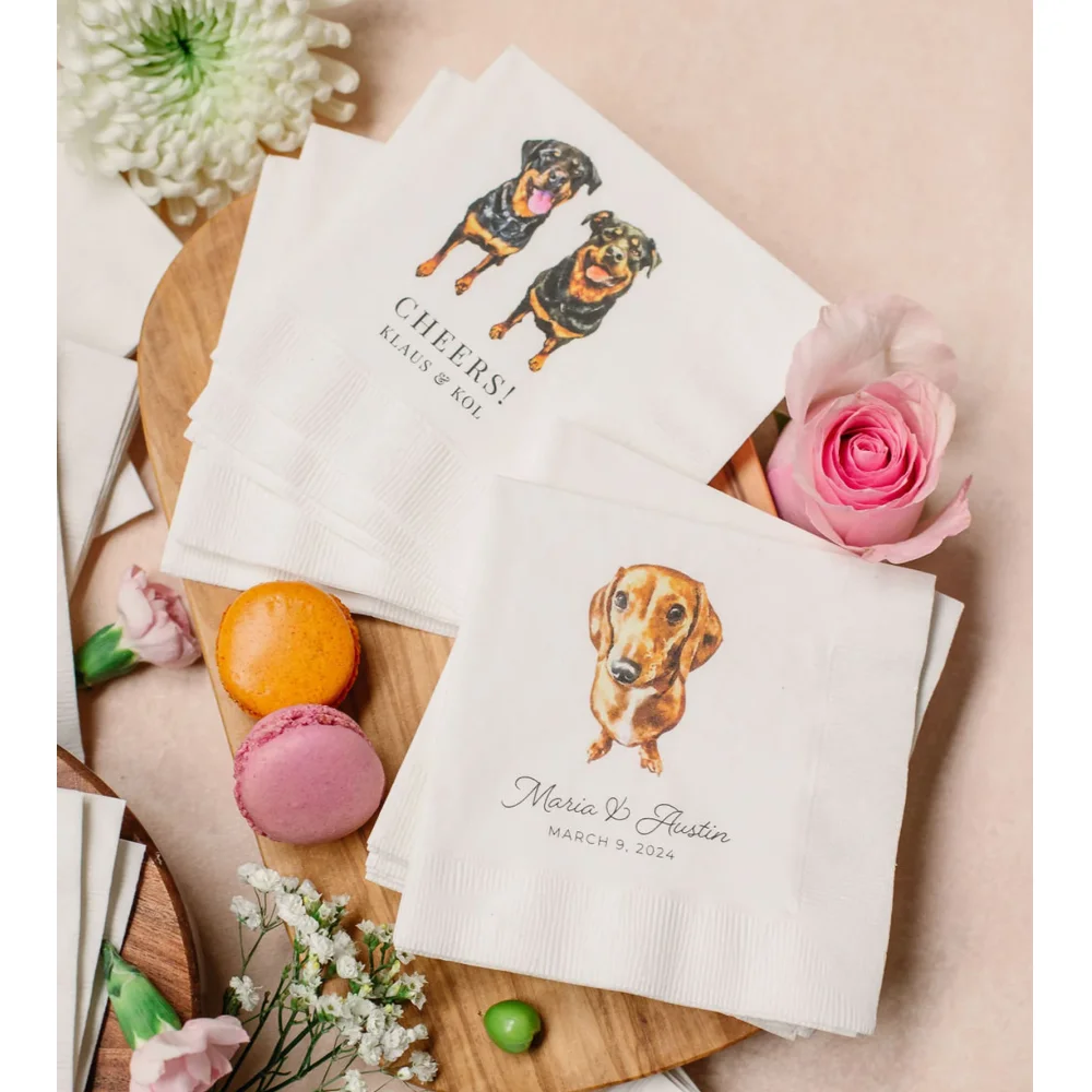 Full Color Personalized Pet Wedding Cocktail Napkins,Custom Dog Cocktail Napkins Wedding,Couple Monogram Wedding Napkins, 50Pcs