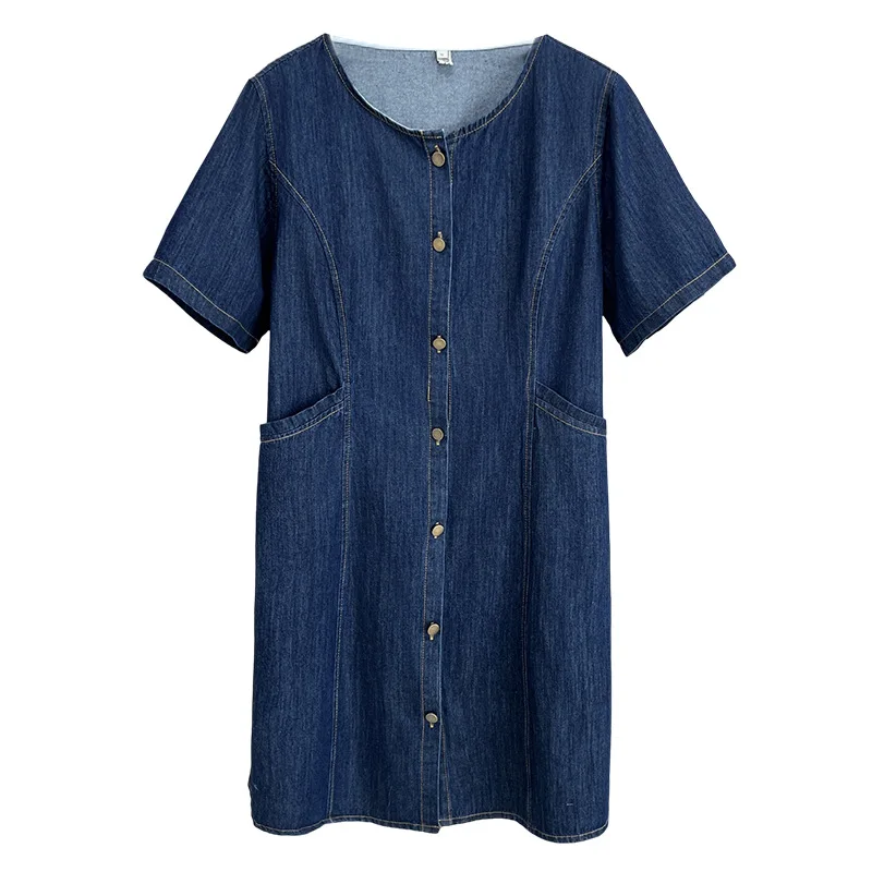 

100KG Summer New Plus Size Single Breasted Placket Dress Simple And Casual Thin Short Sleeve Denim Dress For Women 9667
