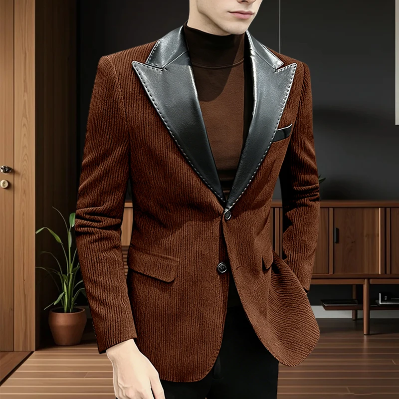 Herren-Anzugjacke, Cord, einreihig, schmal geschnitten, Mantel, Business, Freizeit, Bankett, Bräutigam, Frack