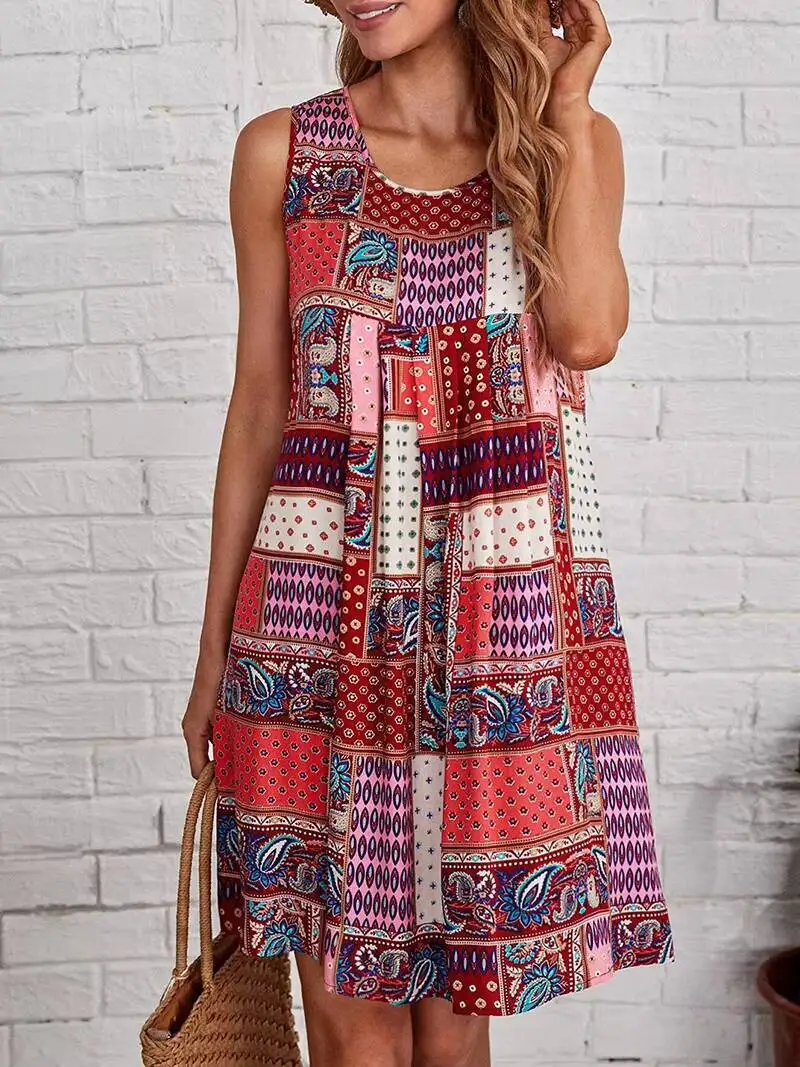 Damenkleid, Patchwork, Paisley-Muster, ärmellos, Rundhalsausschnitt, A-Linie, Minikleid, Boho, Frühling, Sommer, lässig, Strand, schmeichelhaftes, bequemes Outfit