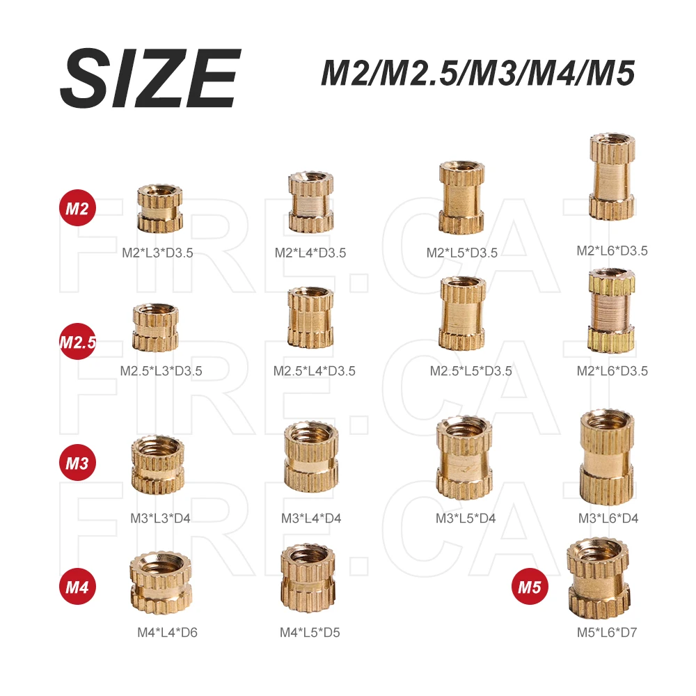 Brass Insert Nuts Set M2 M2.5 M3 M4 M5 M6 Thread Brass Knurled Embedment Nuts Assortment Nuts Kit Tools Inset Accessories