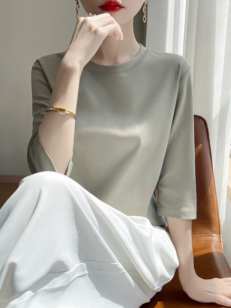 New 2026 Women's round Neck Ice Cool Cotton 7/8 Sleeve T-Shirt Casual Cotton Thread Base Shirt Inner Wear Top for Spring Summer
