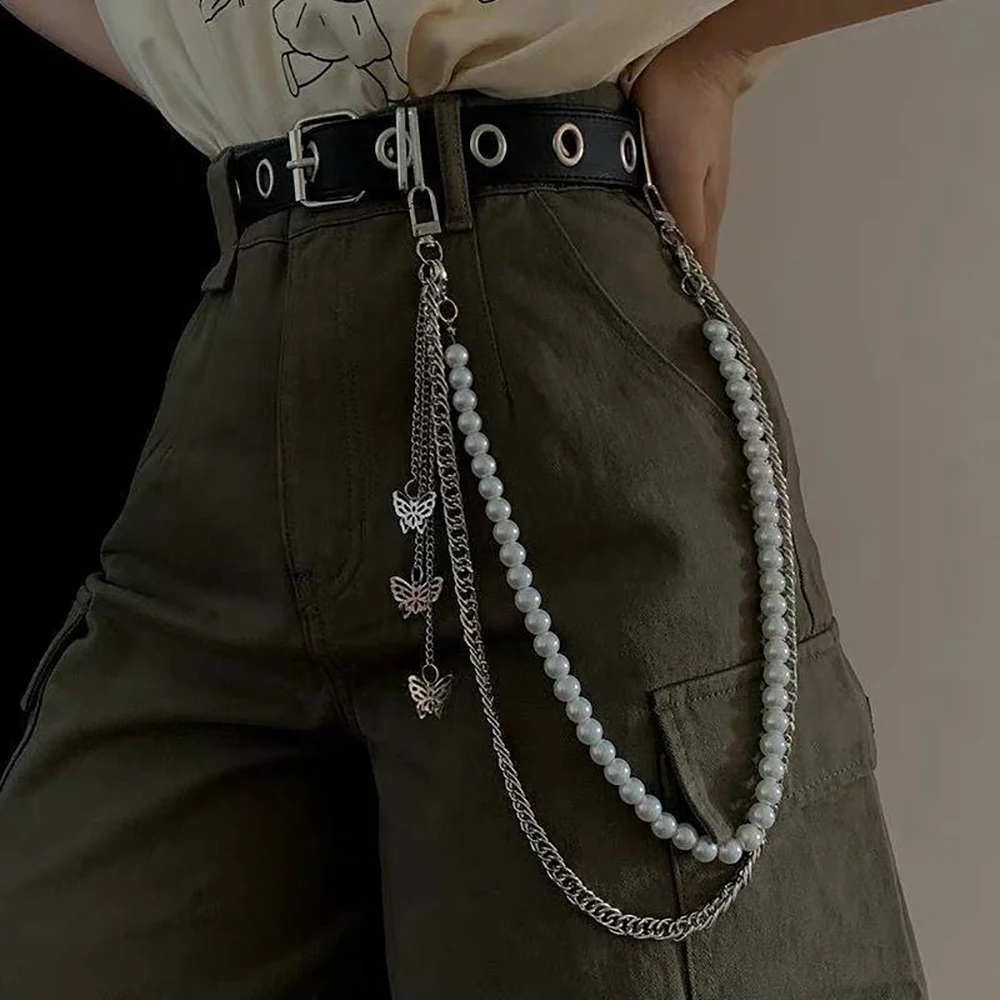 

Sexy Fashion Hip Hop Metal Men Student Pearl Waist Chain Jewelry Gift Butterfly Belt Chain Jeans Chain