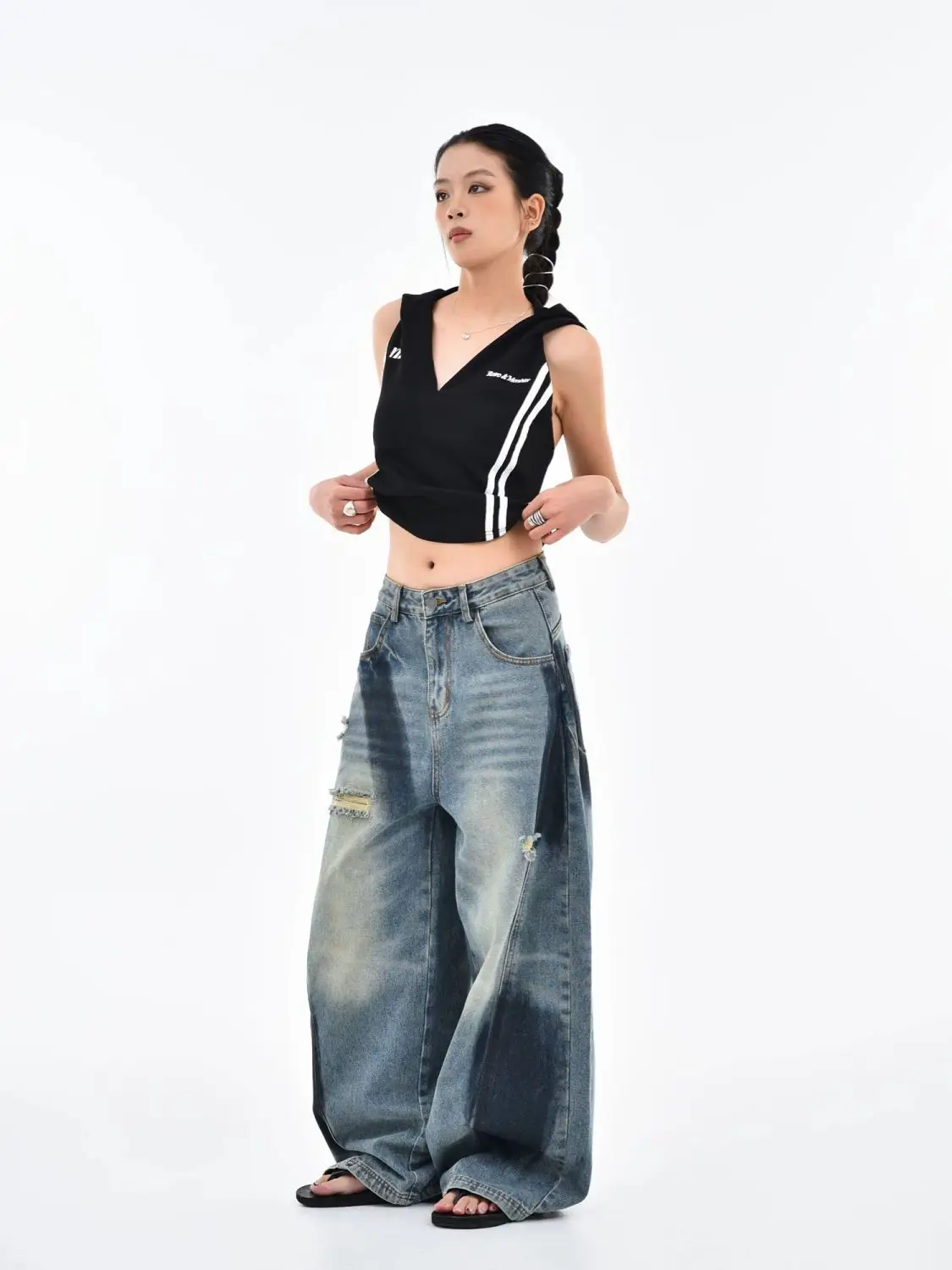 American Style Curved Knife Splashed Ink Ripped Jeans For Women, New Retro Loose Straight Leg Wide Leg Pants
