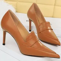 New Elegant Women 8cm High Heels Pumps Wedding Bridal Classic Pu Leather Retro Slipony Heels Lady Brown Black Office Shoes