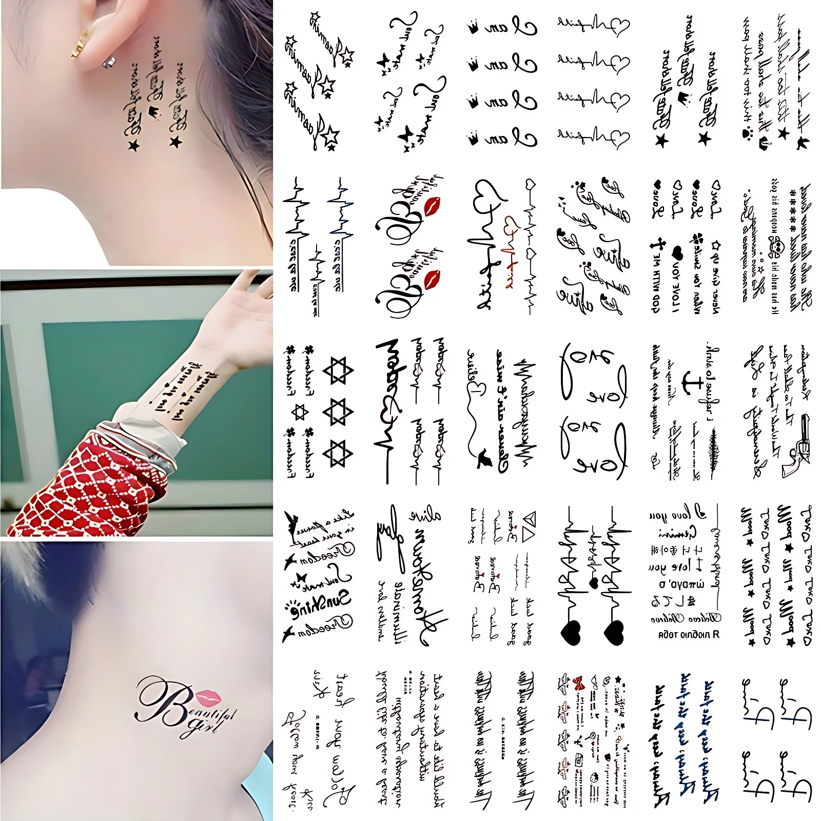 30pcs/pack Women Men Temporary Tattoos English Sentence Electrocardiogram Water Transfer Tattoos for Travel Wrist Body Clavicle