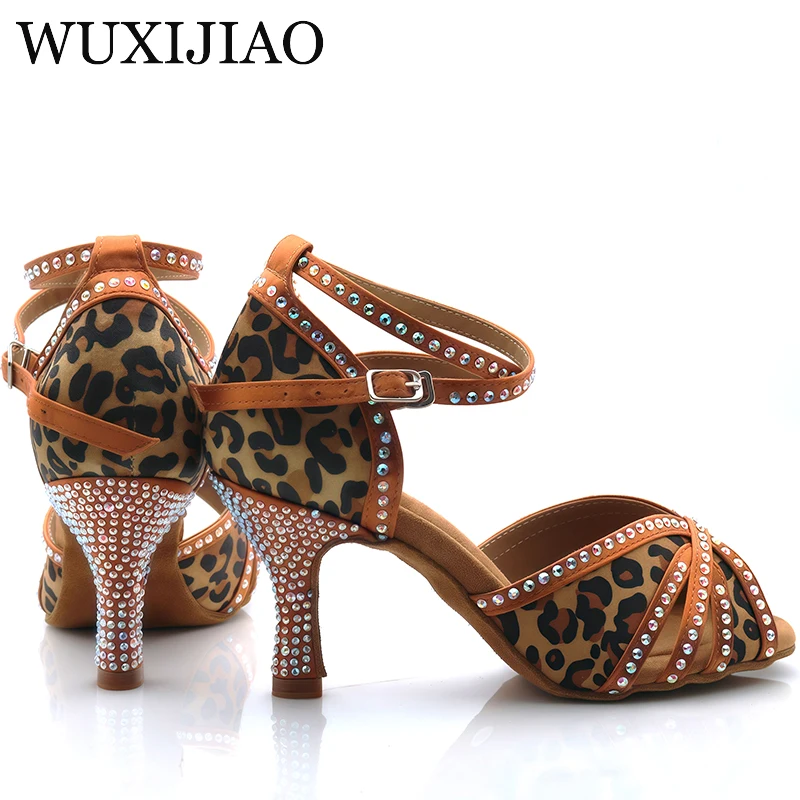 Sandalias de mujer, zapatos de baile latino con estampado de leopardo satinado negro/bronce, colores contrastantes, tira Social, Salsa, Jazz, baile de salón