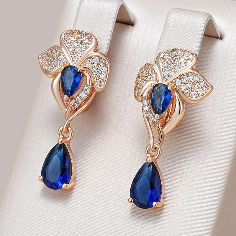 Wbmqda Luxury Retro Drop Shape Blue Natural Zircon Dangle Earrings For Women 585 Rose Gold Color Ethnic Bride Wedding Jewelry