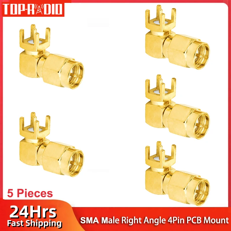 5Pcs SMA Male Right Angle PCB Board Socket 4 Pin Solder Edge 90 Degrees RF Coaxial Adapter