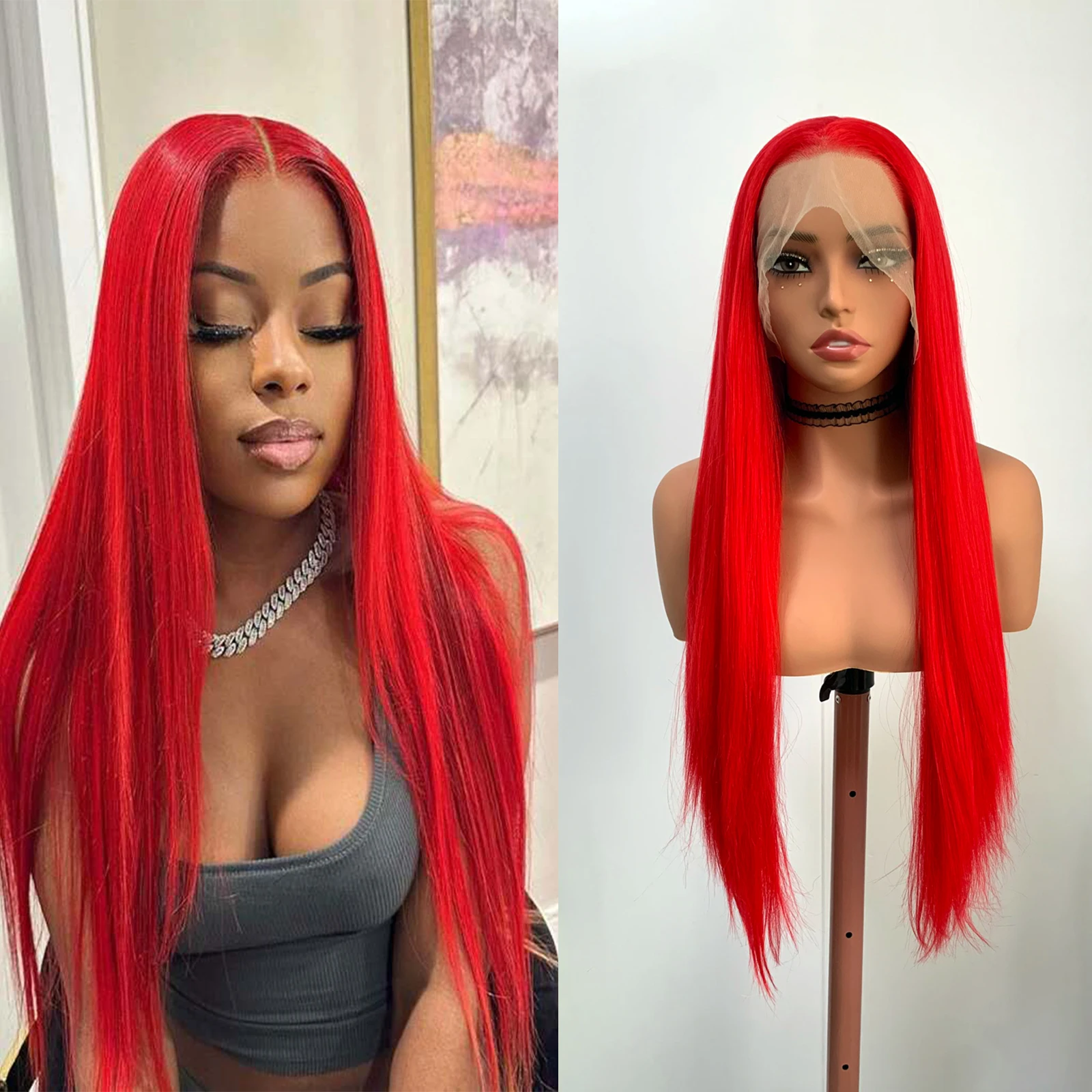 

WIF Bright Red Synthetic Wig Natural Hairline Straight Heat Fiber Lace Front Wig Women Daily Use Free Part Bright Red Hair