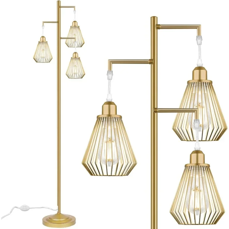 

Industrial Floor Lamps for Living Room, Tree Standing Lamp with 3 Teardrop Cage Shades, 68" Modern Tall Lamps