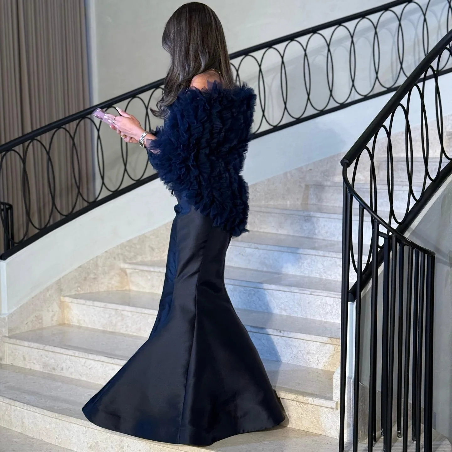 Customized Graceful Mermaid Strapless Shawl Satin Organza Evening Dress Temperament Pleats Sweep Train Blue Vestido De Noche