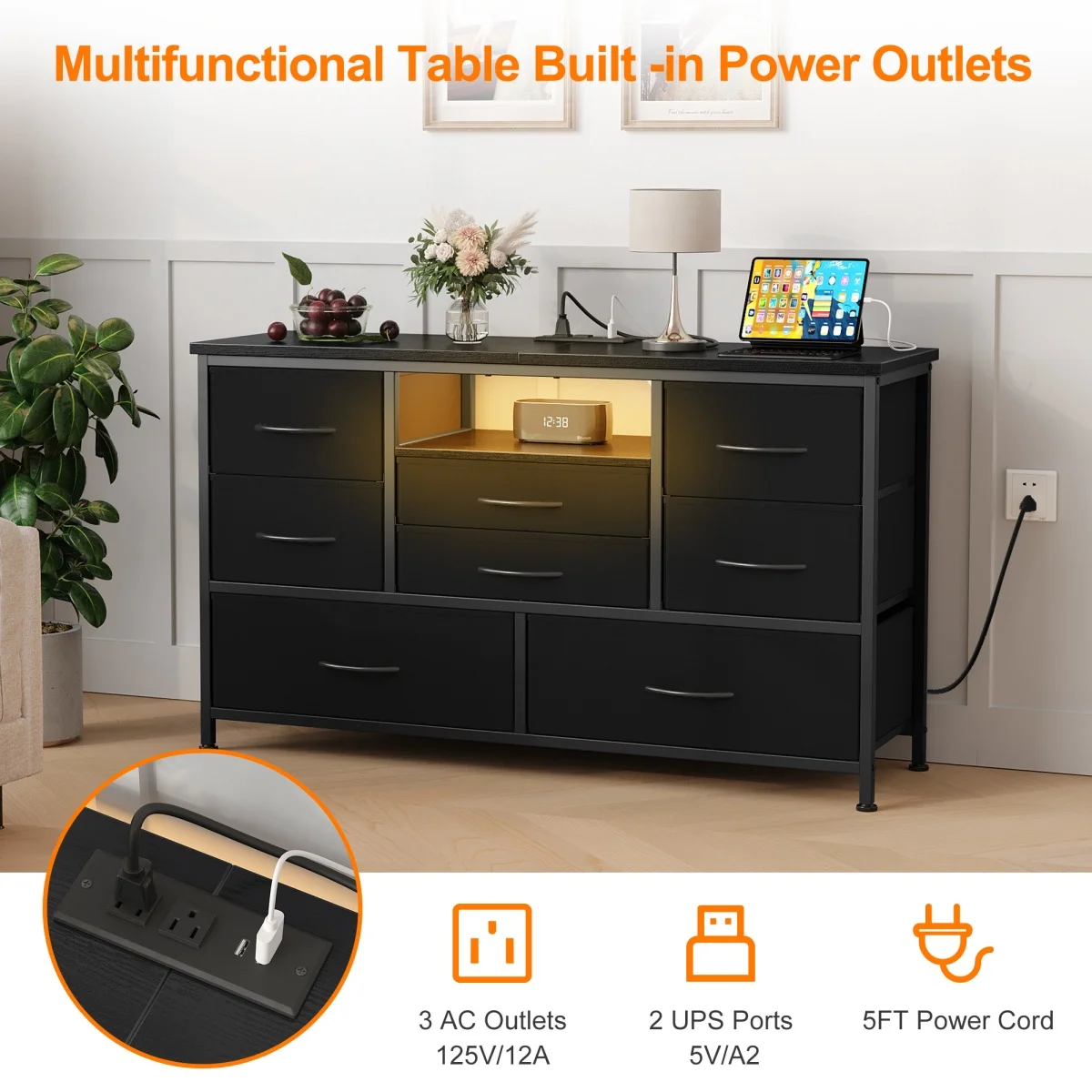

TV Stand with Power Outlet & LED for 55'' TV Long Dresser with 8 Drawers Wide Console Table for Living Room Entryway
