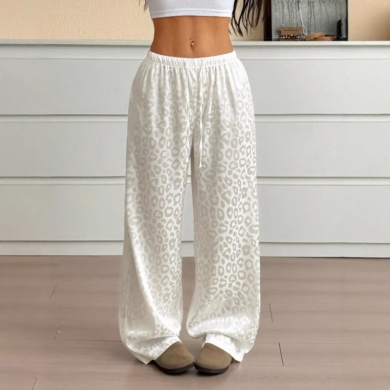 Summer Women Elastic Waist Drawstring Straight Leopard Printed Casual Satin Jacquard Pants Straight Streetwear Wide Leg Pant