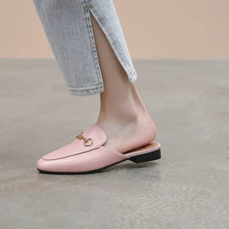 Big Size 34-43 New Genuine Leather Shoes Women Mules Fashion Summer Ladies Shoes Black Ladies Office Dress Shoes Flat Slippers