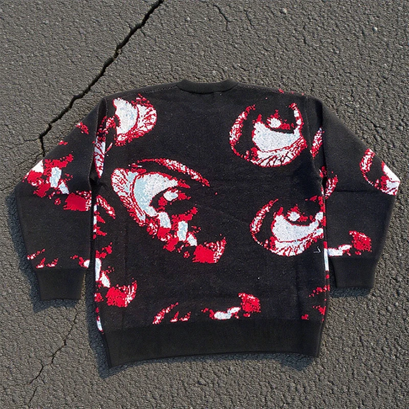 Halloween Gothic Eye Pattern Sweater Men's and Women's Extra Large Knitted Hoodie Harajuku Street Wear Y2K Aesthetic Top