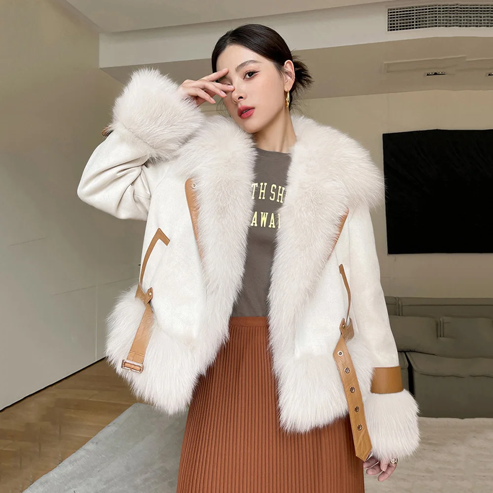 

Coat Women Real Fur Autumn Winter Thick Warm Turn-down Collar Suede Patchwork Fox Fur Jacket Loose Goose Down Filling Outerwear