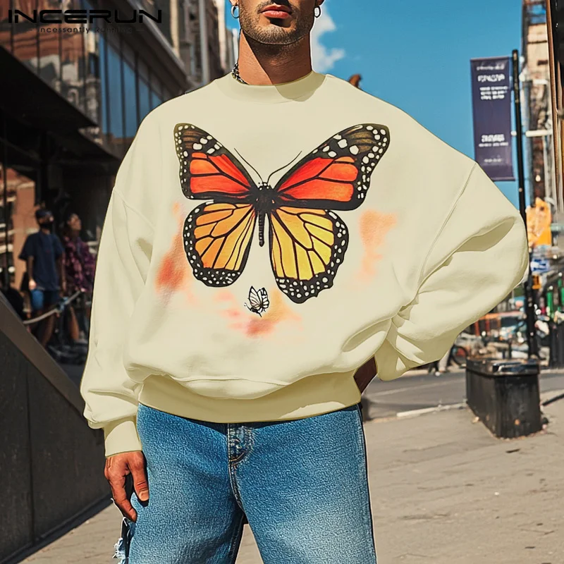 

Мужские худи INCERUN с принтом, повседневные, свободного кроя, с круглым вырезом, с длинным рукавом, модные весенние простые мужские свитшоты 2026