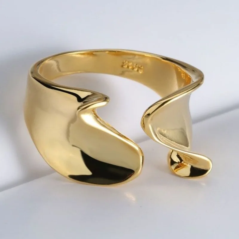 S925 Sterling Silver Wave Twist Open Adjustable Ring Minimalist Wavy Curve Korean Cute Engraved Stacking Silver Gold Men Women