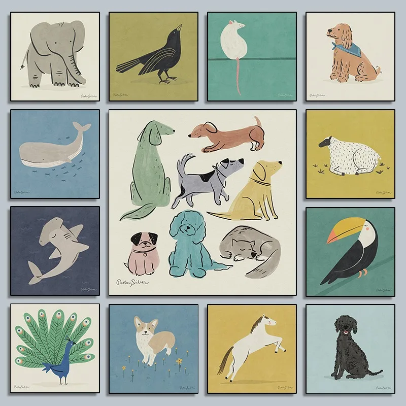 Playful Cute Animal Wall Art Print Corgi Dog Puffin Peacock Horse Funny Cartoon Poster in Muted Tones Nursery Kids Room Decor