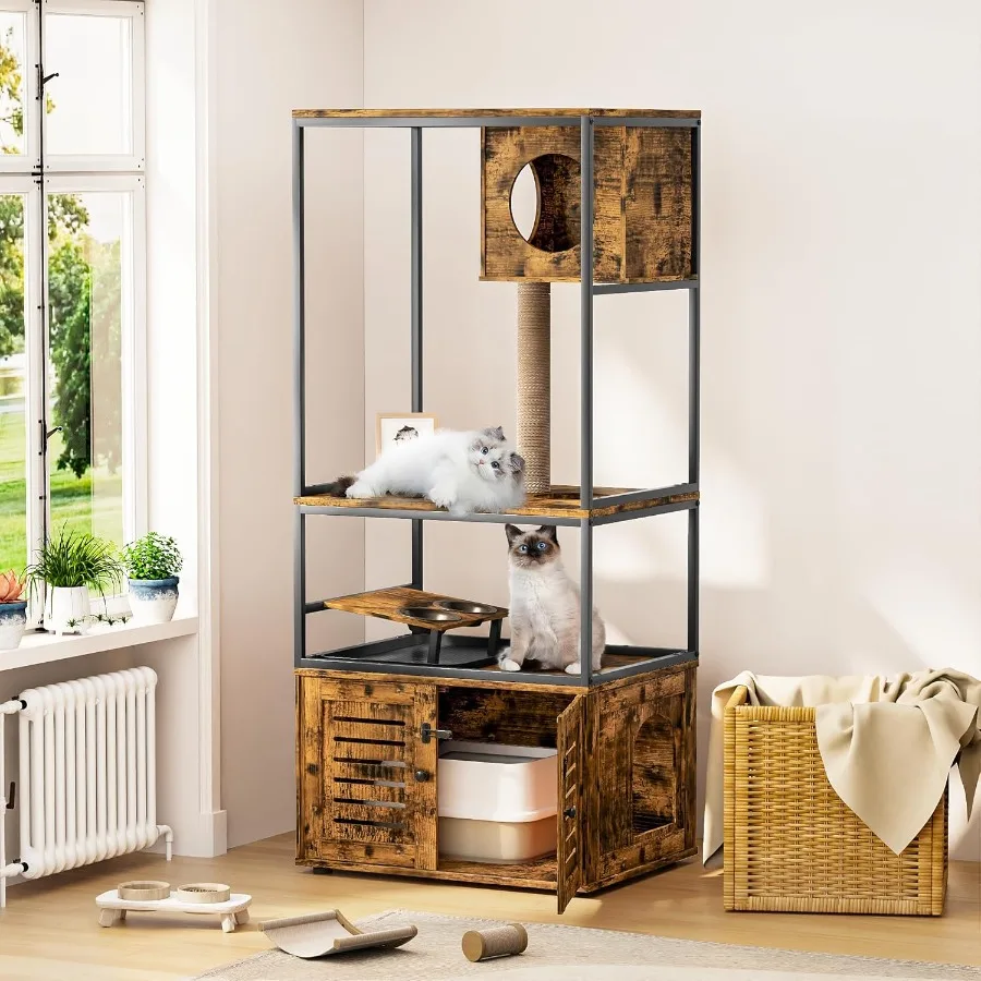 All-in-1 Large Cat Tree with Litter Box Enclosure and Scratching Posts Rustic Brown Cat Condo Featuring Integrated Feeding Bowl