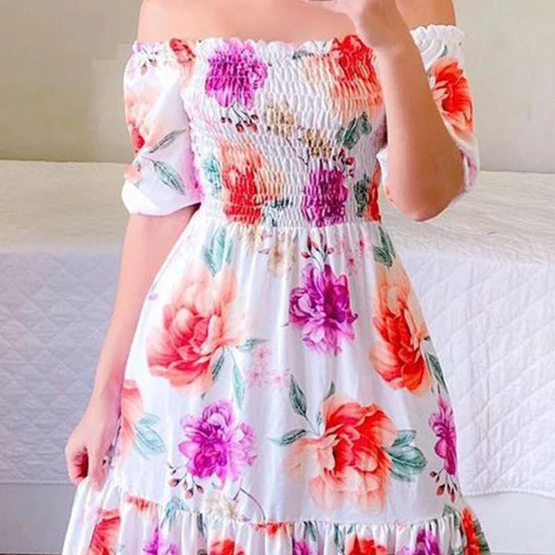 

Sexy Off The Shoulder Tube Top Dress Butterfly Rainbow Floral Print Dress Ladies Elegant Slim Summer Bohemian Party Maxi Dresses