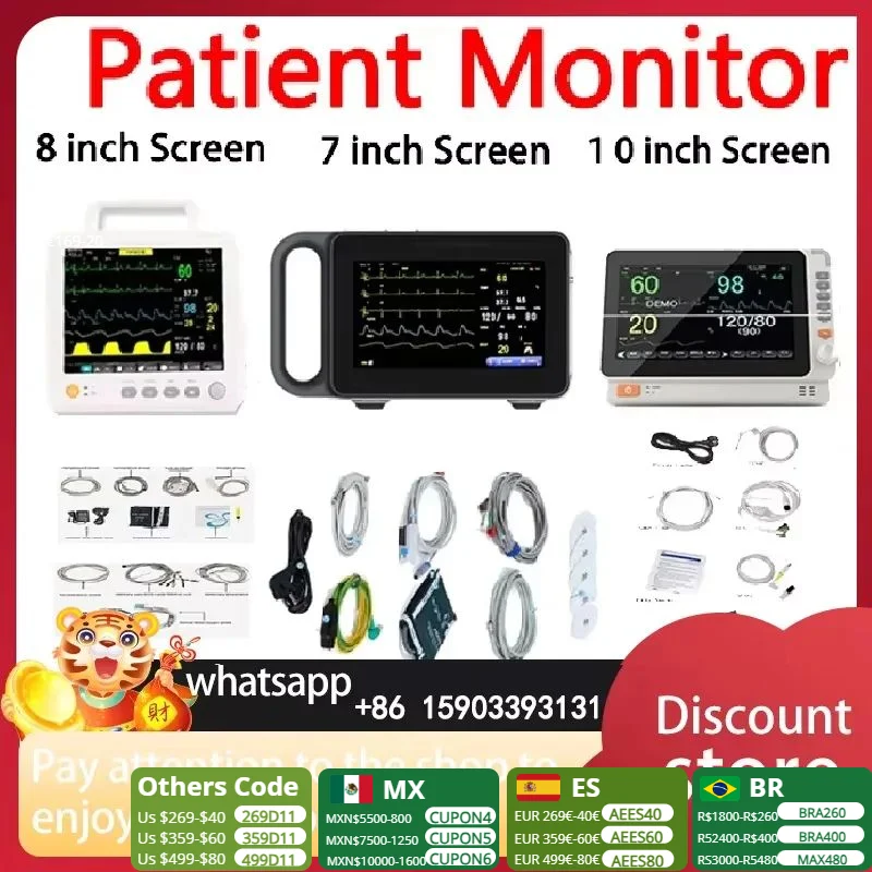 7/ 8/10 inch screen human/Vet use  portable 6-parameter monitor ECG/NIBP/PR/SPO2/RESP/TEMP patient monitor vital signs monitor